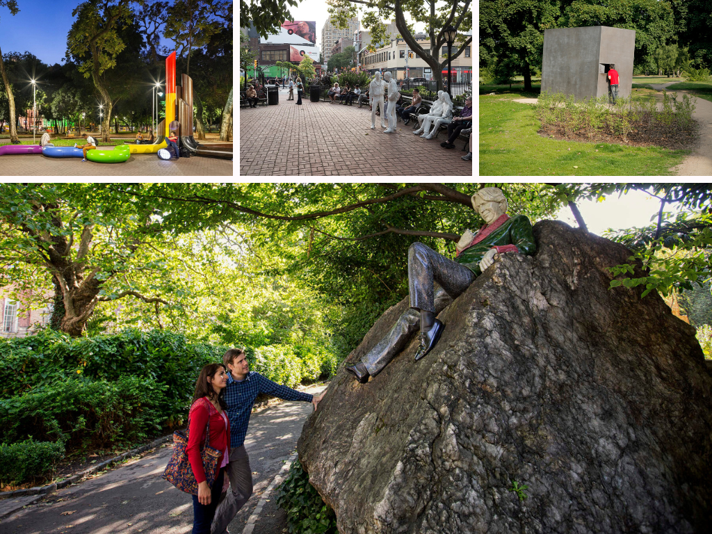 Clockwise from top left: My Heart Beats Like Yours, Stonewall National Monument, Memorial to the Persecuted Homosexuals Under National Socialism and Oscar Wilde in Dublin.