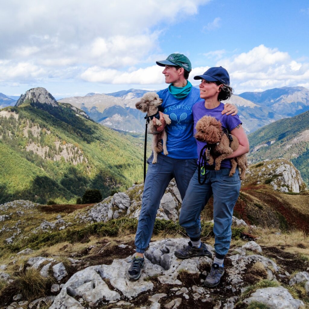 Gillian and Stephanie with their dogs in Albania.